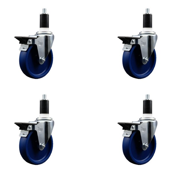 5'' Solid Poly Swivel 1-3/8'' Expanding Stem Caster Set with Brake, 4PK